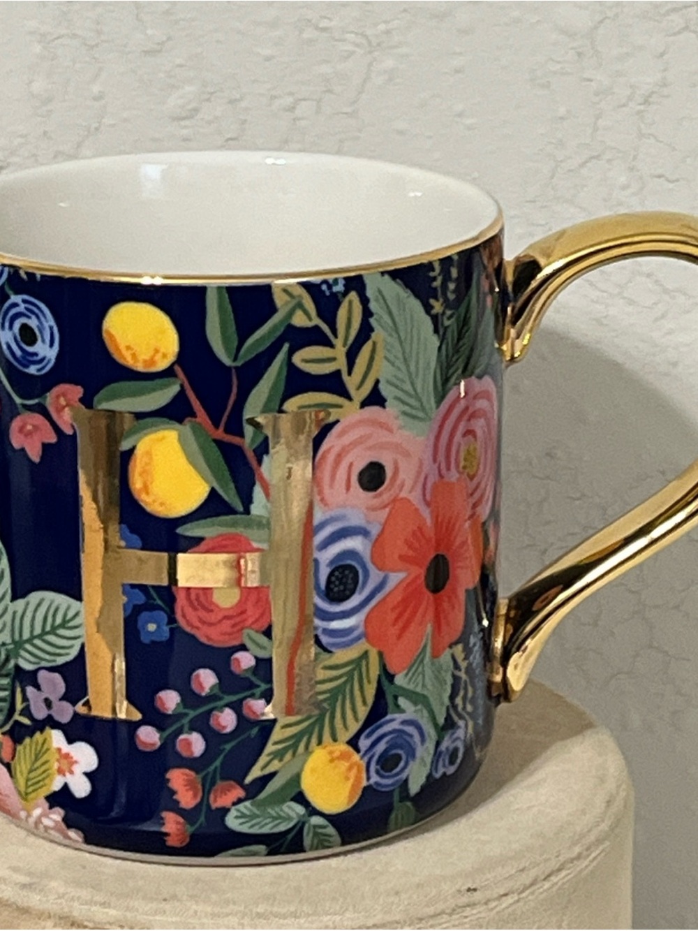 Floral Monogram 'H' Ceramic Mug with Gold Handle - Navy Anthropologie rifle co